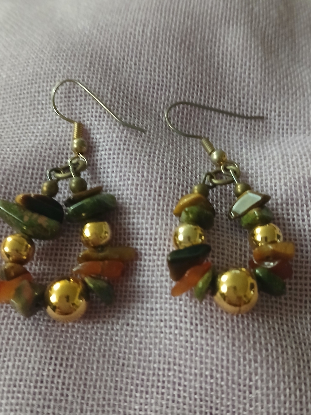 Gold and Green Beaded Earrings